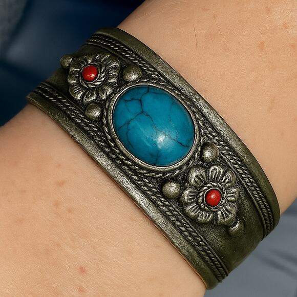 Blue and red faux Turquoise cuff bracelet Tibetan Silver from Nepal Unisex - Picture 5 of 10